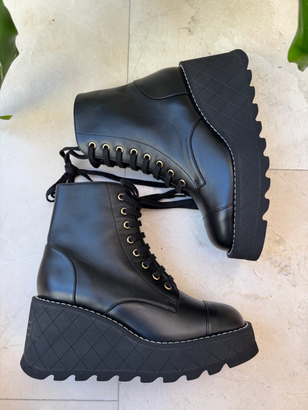 Chanel 2024 Interlocking CC Logo Combat Wedge Lambskin Lace Up Ankle Boots 36.5 - Picture 3 of 16